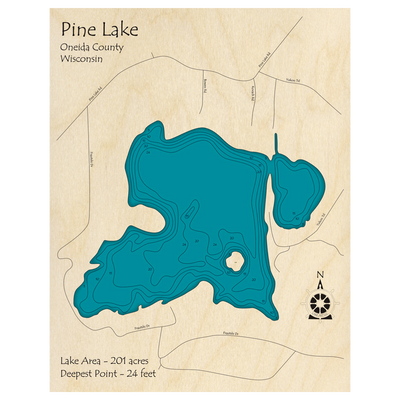 Bathymetric topo map of Pine Lake, WI with roads, towns and depths noted in blue water.