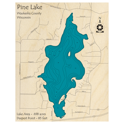 Bathymetric topo map of Pine Lake, WI with roads, towns and depths noted in blue water.