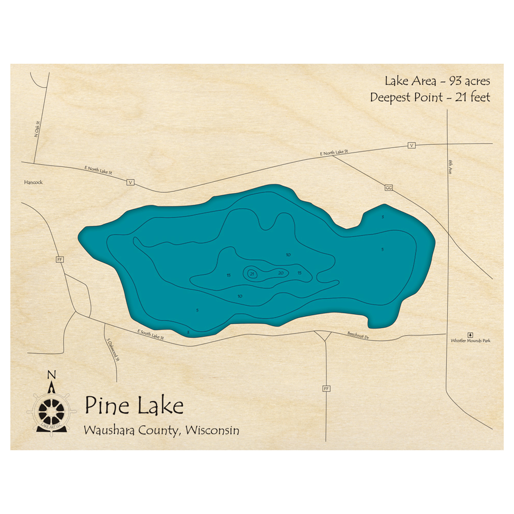 Bathymetric topo map of Pine Lake, WI with roads, towns and depths noted in blue water.