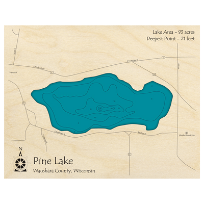 Bathymetric topo map of Pine Lake, WI with roads, towns and depths noted in blue water.