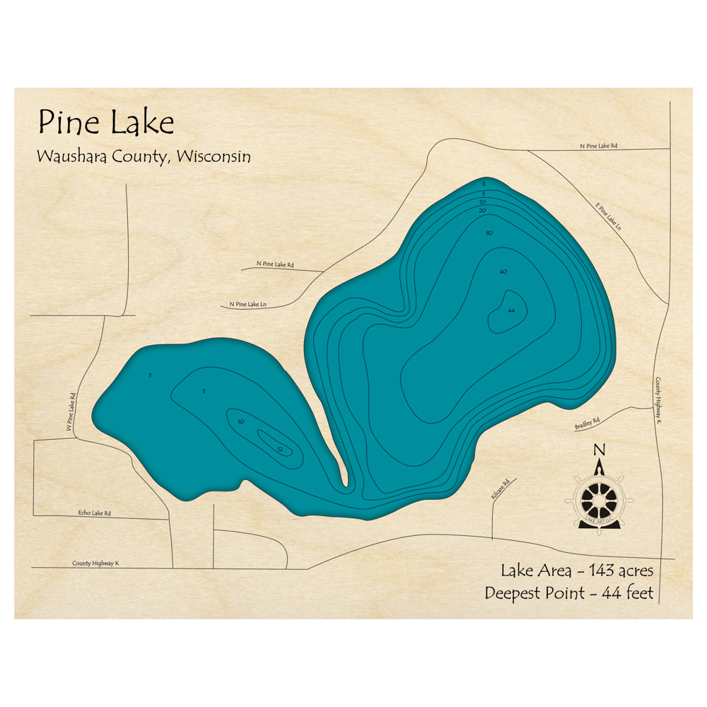 Bathymetric topo map of Pine Lake, WI with roads, towns and depths noted in blue water.