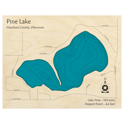 Bathymetric topo map of Pine Lake, WI with roads, towns and depths noted in blue water.