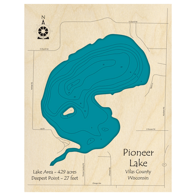 Bathymetric topo map of Pioneer Lake, WI with roads, towns and depths noted in blue water.