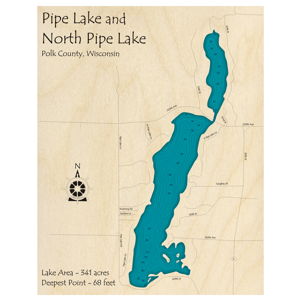Bathymetric topo map of Pipe Lake, WI with roads, towns and depths noted in blue water.