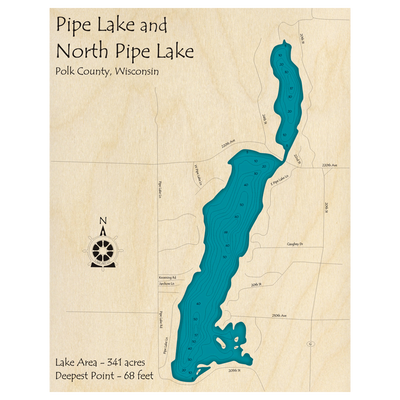 Bathymetric topo map of Pipe Lake, WI with roads, towns and depths noted in blue water.