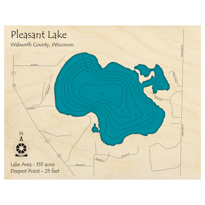 Bathymetric topo map of Pleasant Lake, WI with roads, towns and depths noted in blue water.