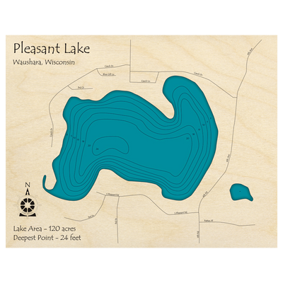 Bathymetric topo map of Pleasant Lake, WI with roads, towns and depths noted in blue water.