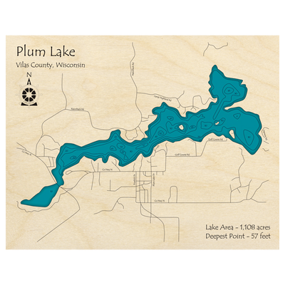 Bathymetric topo map of Plum Lake without Razorback Lake, WI with roads, towns and depths noted in blue water.