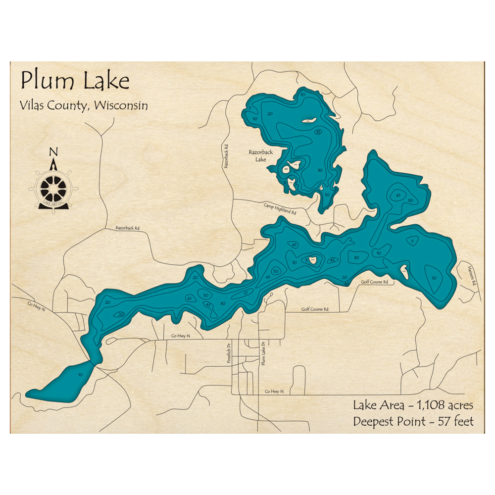 Bathymetric topo map of Plum Lake with Razorback Lake, WI with roads, towns and depths noted in blue water.