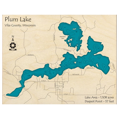 Bathymetric topo map of Plum Lake with Razorback Lake, WI with roads, towns and depths noted in blue water.