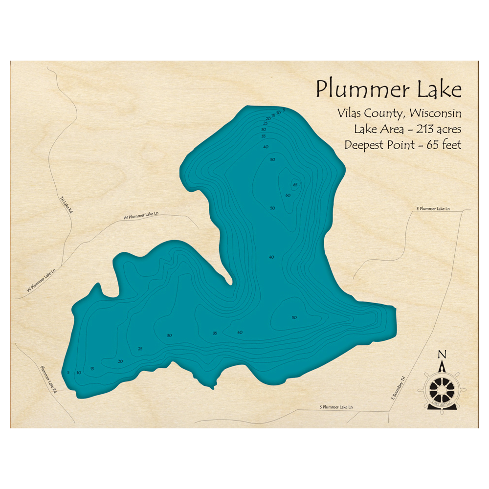 Bathymetric topo map of Plummer Lake, WI with roads, towns and depths noted in blue water.