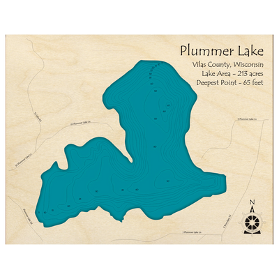 Bathymetric topo map of Plummer Lake, WI with roads, towns and depths noted in blue water.