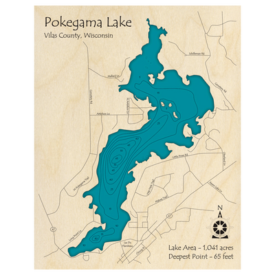 Bathymetric topo map of Pokegama Lake, WI with roads, towns and depths noted in blue water.