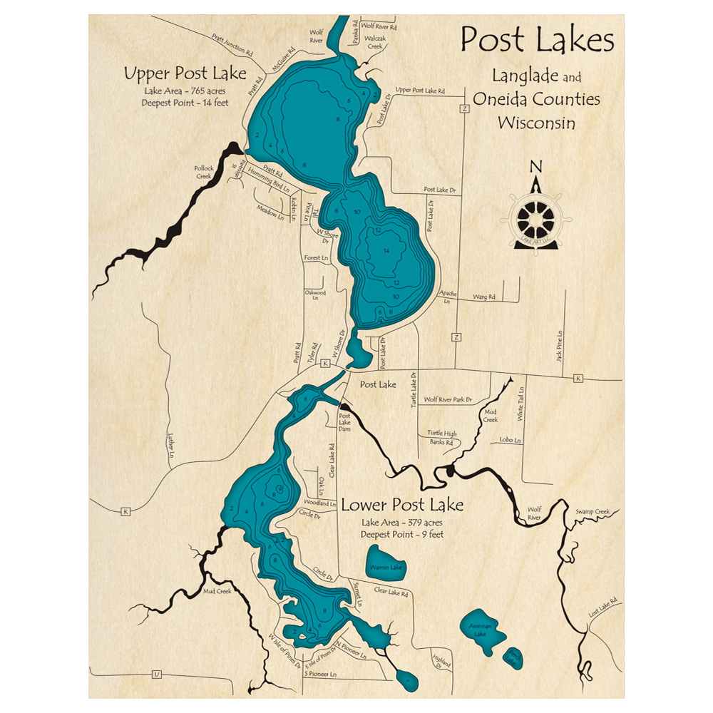 Bathymetric topo map of Post Lakes, WI with roads, towns and depths noted in blue water.
