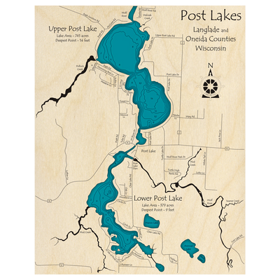 Bathymetric topo map of Post Lakes, WI with roads, towns and depths noted in blue water.