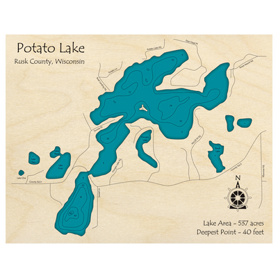 Bathymetric topo map of Potato Lake, WI with roads, towns and depths noted in blue water.