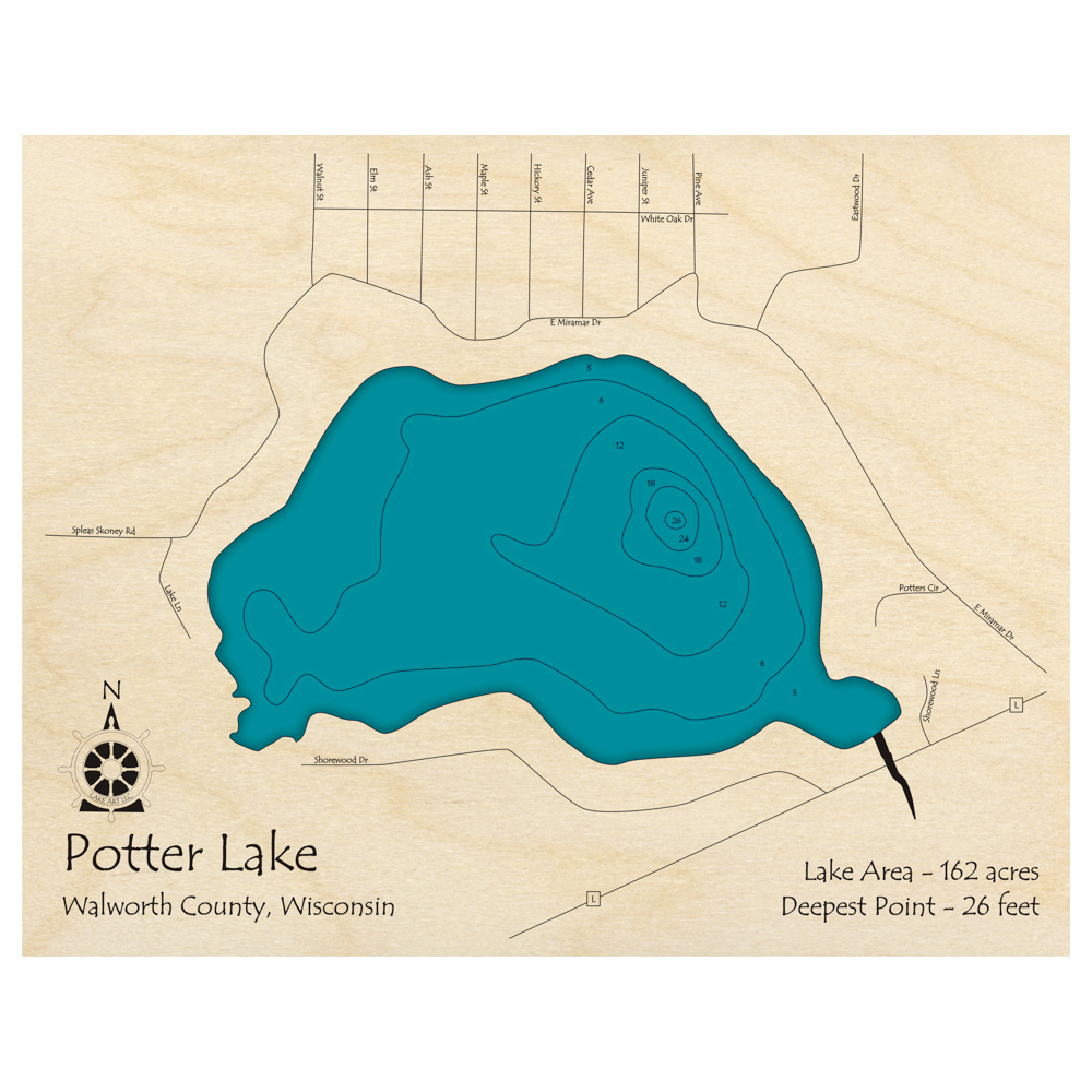 Bathymetric topo map of Potter Lake, WI with roads, towns and depths noted in blue water.