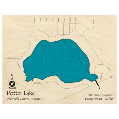 Bathymetric topo map of Potter Lake, WI with roads, towns and depths noted in blue water.