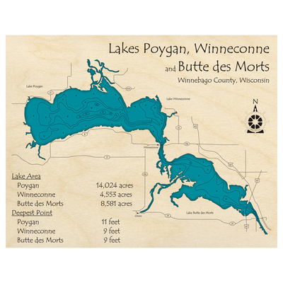 Bathymetric topo map of Lake Poygan, WI with roads, towns and depths noted in blue water.