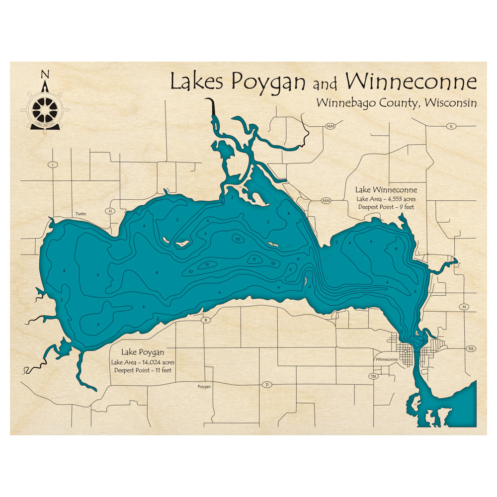 Bathymetric topo map of Lake Poygan, WI with roads, towns and depths noted in blue water.