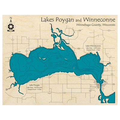 Bathymetric topo map of Lake Poygan, WI with roads, towns and depths noted in blue water.