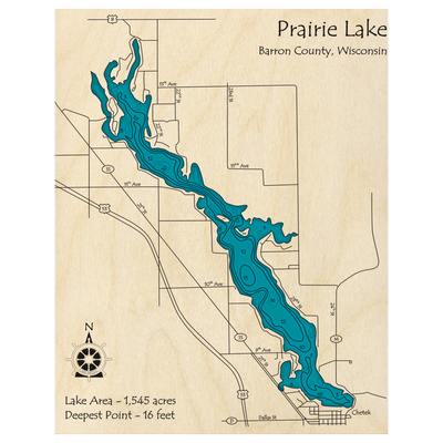 Bathymetric topo map of Prairie Lake, WI with roads, towns and depths noted in blue water.