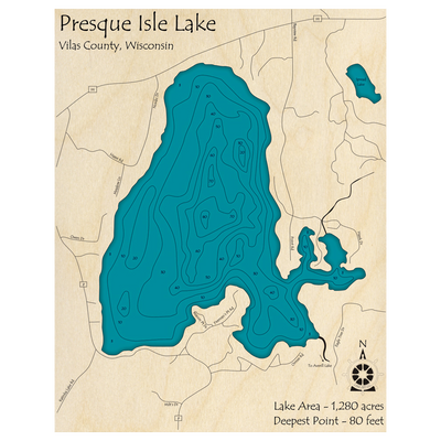 Bathymetric topo map of Presque Isle Lake, WI with roads, towns and depths noted in blue water.