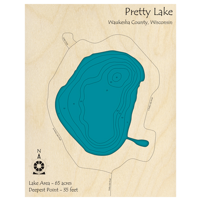 Bathymetric topo map of Pretty Lake, WI with roads, towns and depths noted in blue water.