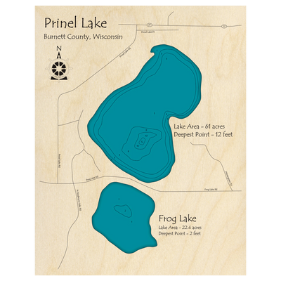 Bathymetric topo map of Prinel Lake and Frog Lake, WI with roads, towns and depths noted in blue water.