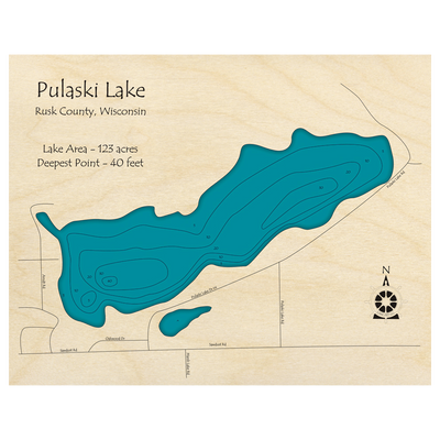 Bathymetric topo map of Pulaski Lake, WI with roads, towns and depths noted in blue water.