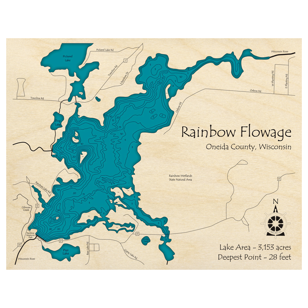Bathymetric topo map of Rainbow Flowage, WI with roads, towns and depths noted in blue water.