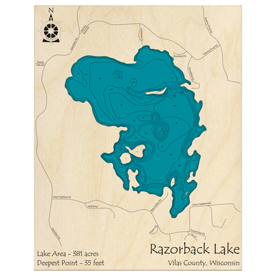 Bathymetric topo map of Razorback Lake, WI with roads, towns and depths noted in blue water.