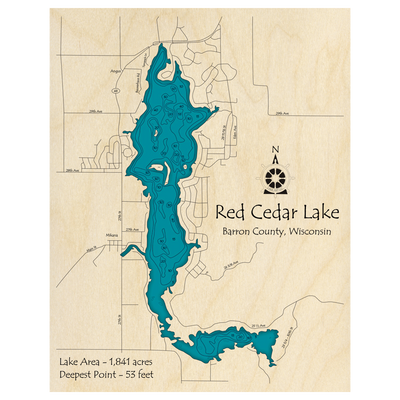 Bathymetric topo map of Red Cedar Lake, WI with roads, towns and depths noted in blue water.