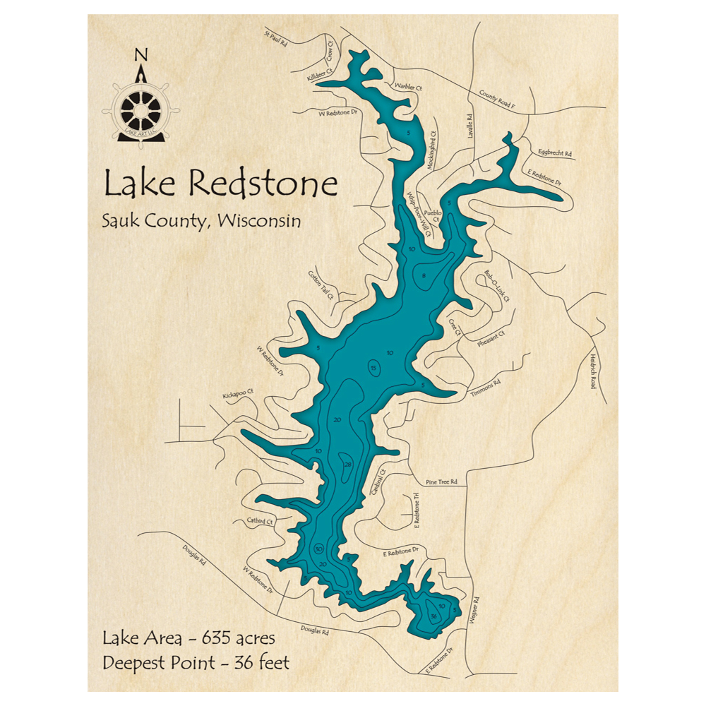 Bathymetric topo map of Lake Redstone, WI with roads, towns and depths noted in blue water.