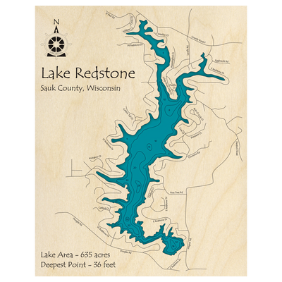 Bathymetric topo map of Lake Redstone, WI with roads, towns and depths noted in blue water.