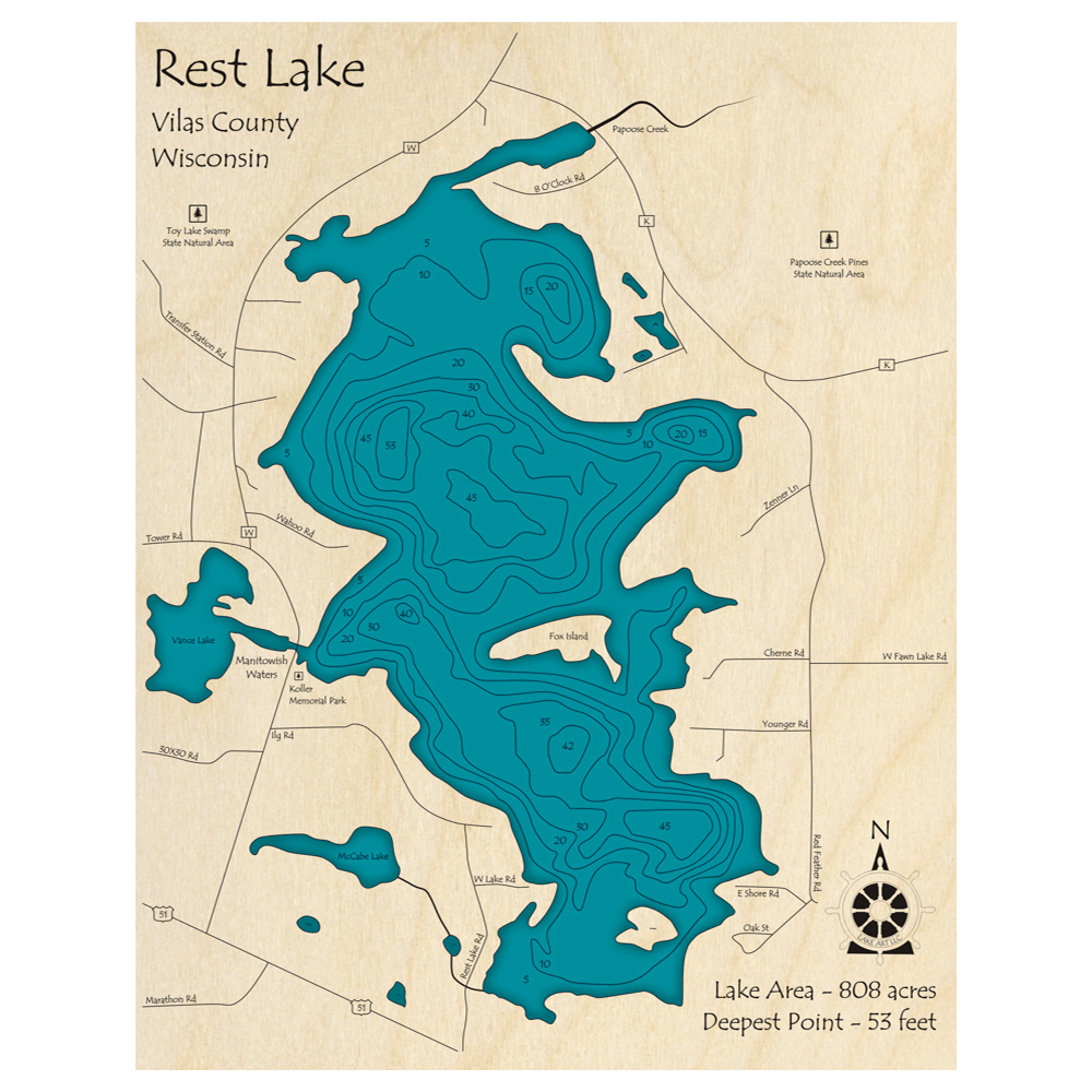 Bathymetric topo map of Rest Lake, WI with roads, towns and depths noted in blue water.
