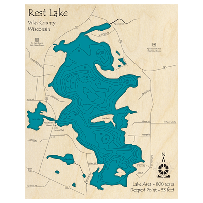 Bathymetric topo map of Rest Lake, WI with roads, towns and depths noted in blue water.