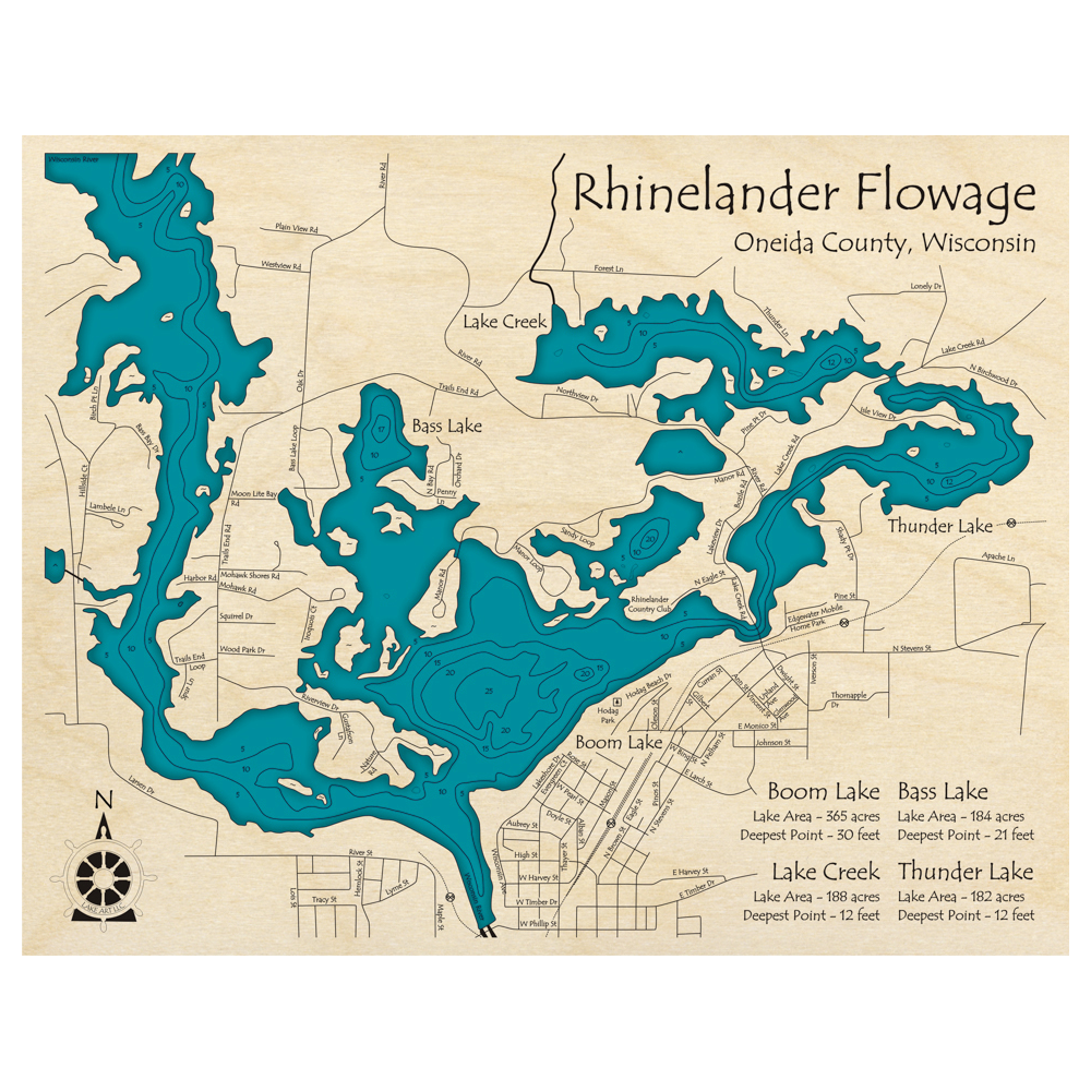 Bathymetric topo map of Rhinelander Flowage, WI with roads, towns and depths noted in blue water.