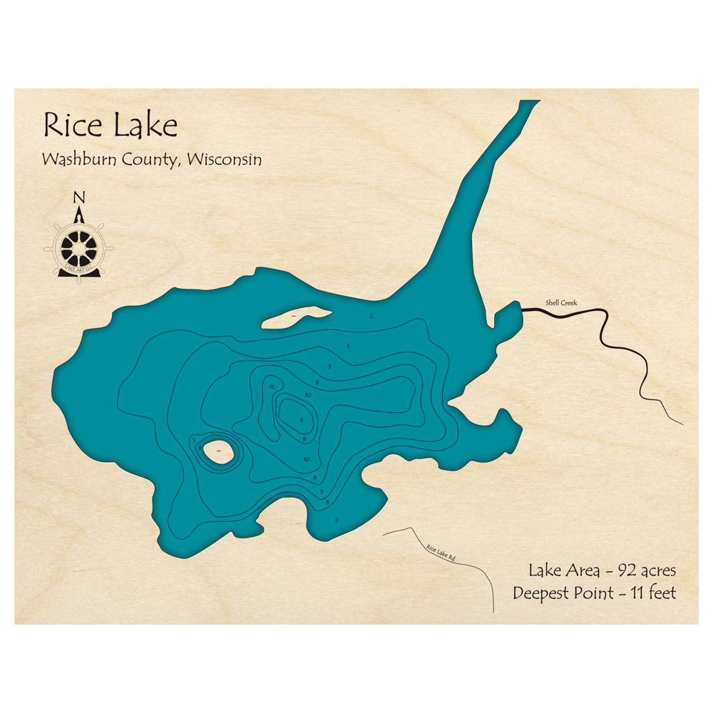 Bathymetric topo map of Rice Lake, WI with roads, towns and depths noted in blue water.