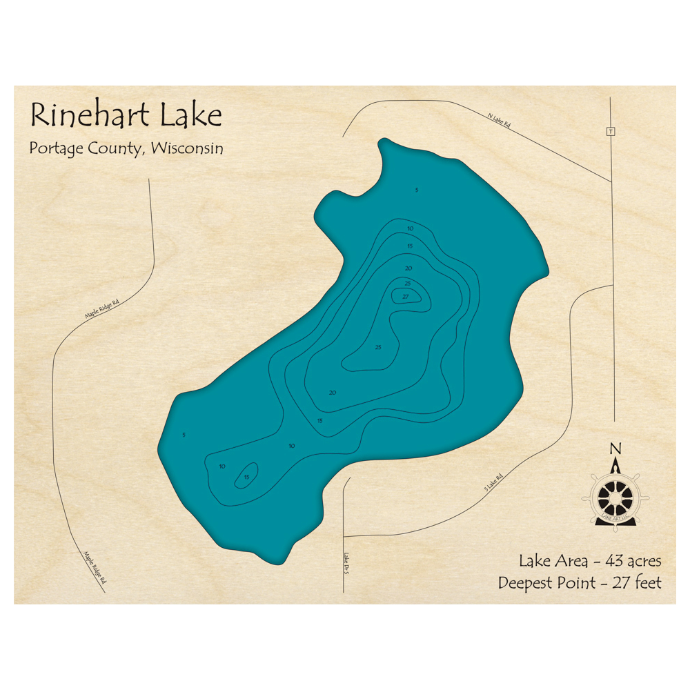 Bathymetric topo map of Rinehart Lake, WI with roads, towns and depths noted in blue water.