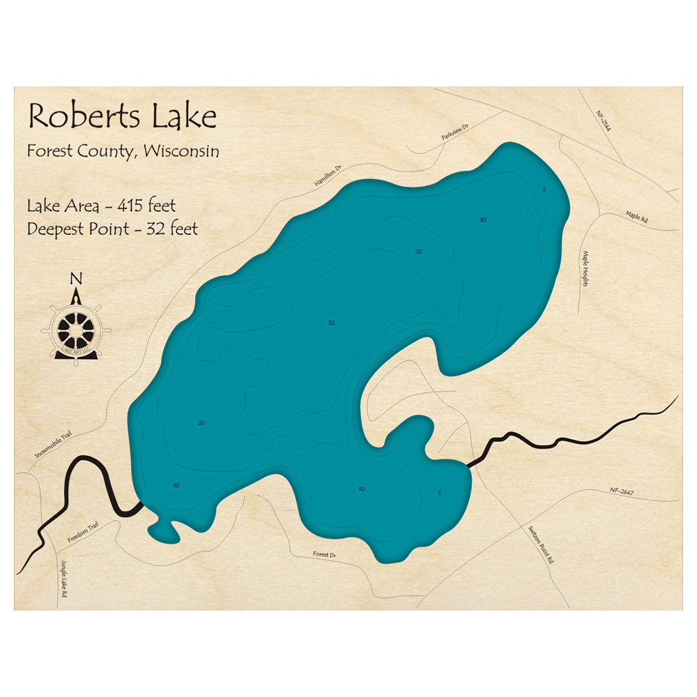 Bathymetric topo map of Roberts Lake, WI with roads, towns and depths noted in blue water.