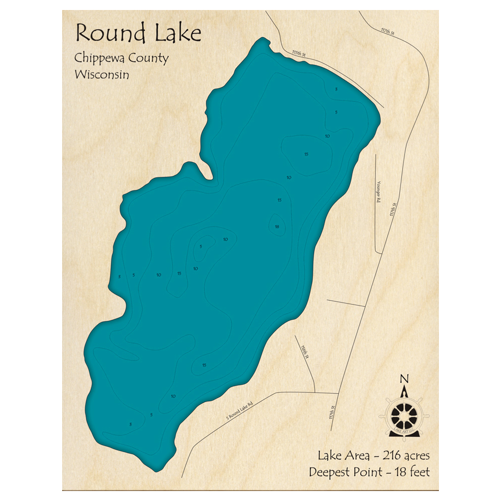 Bathymetric topo map of Round Lake, WI with roads, towns and depths noted in blue water.