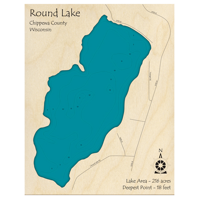 Bathymetric topo map of Round Lake, WI with roads, towns and depths noted in blue water.