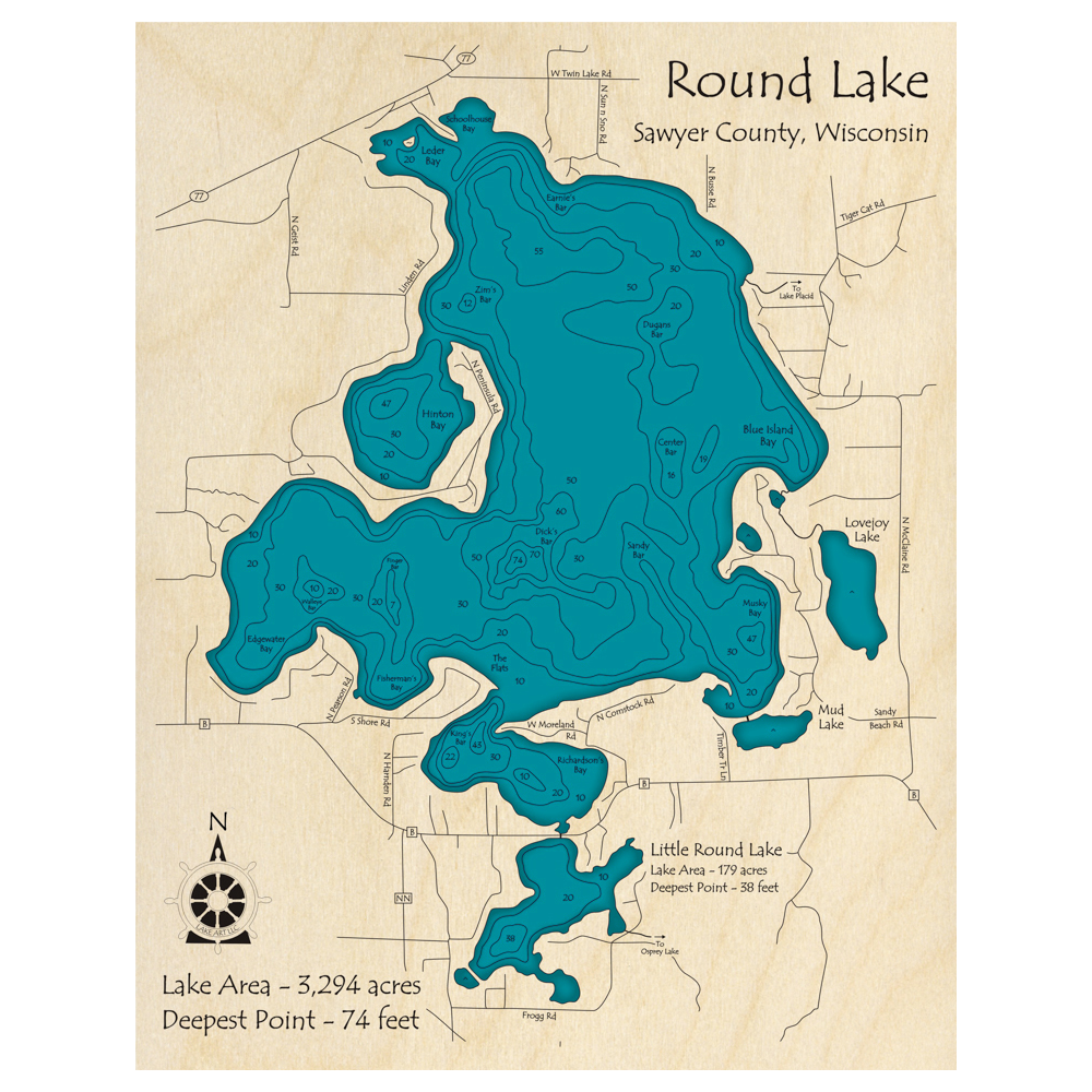Bathymetric topo map of Round Lake with Little Round Lake, WI with roads, towns and depths noted in blue water.