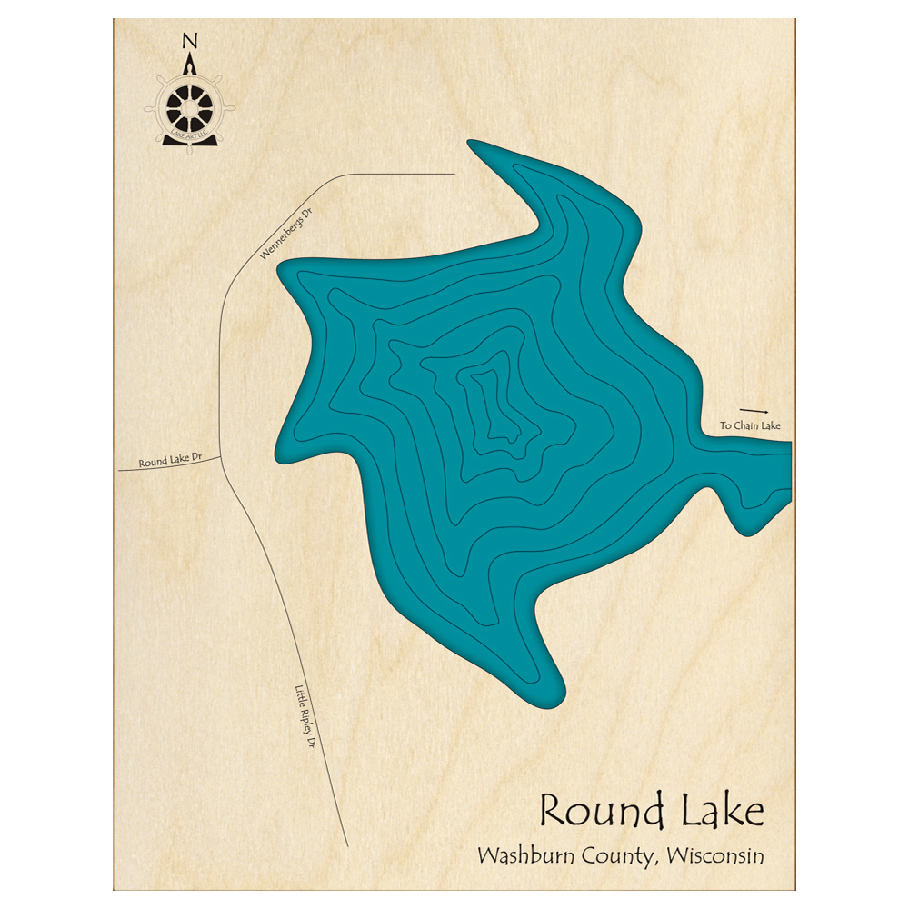 Bathymetric topo map of Round Lake, WI with roads, towns and depths noted in blue water.