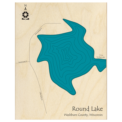 Bathymetric topo map of Round Lake, WI with roads, towns and depths noted in blue water.