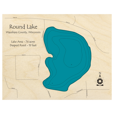 Bathymetric topo map of Round Lake, WI with roads, towns and depths noted in blue water.