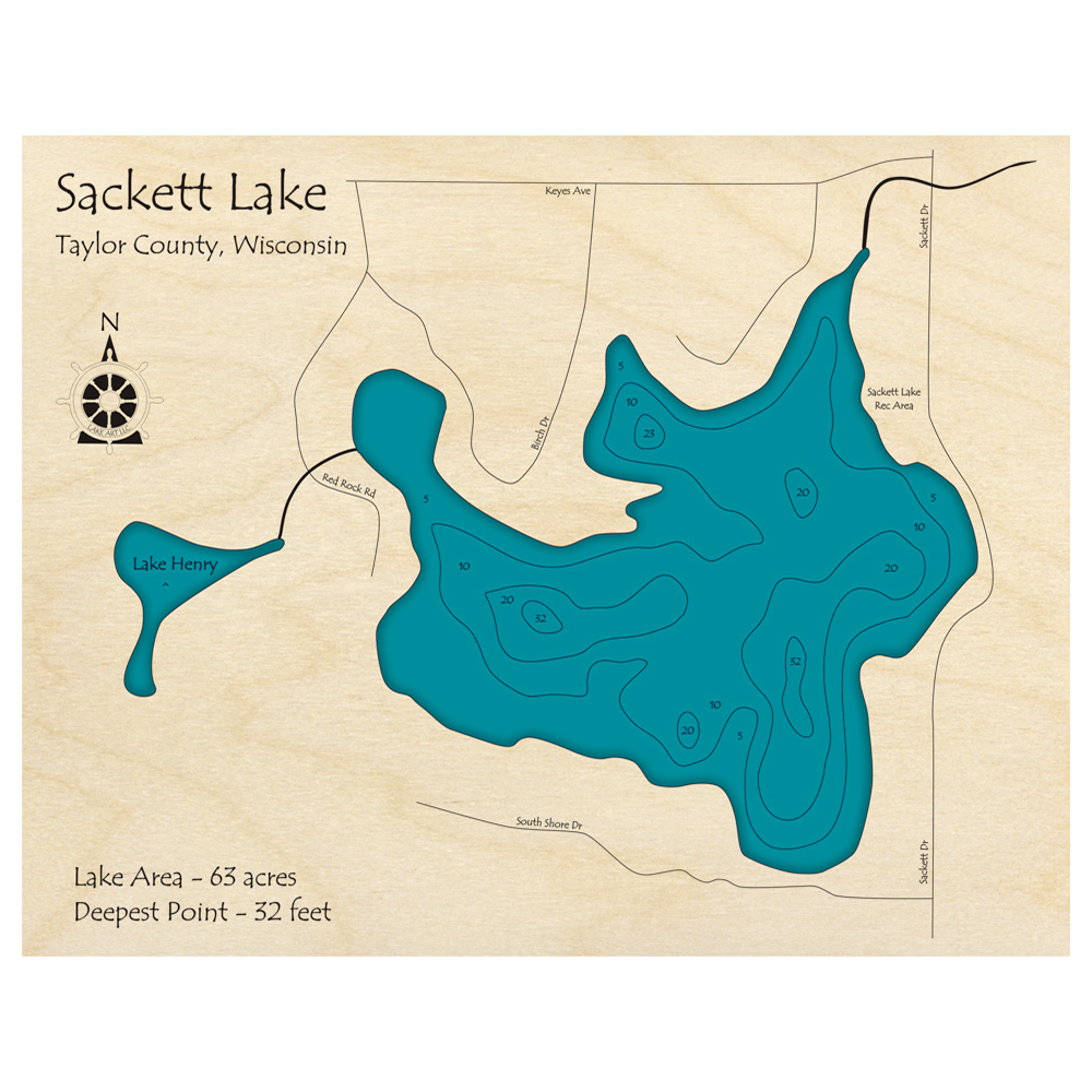 Bathymetric topo map of Sackett Lake, WI with roads, towns and depths noted in blue water.