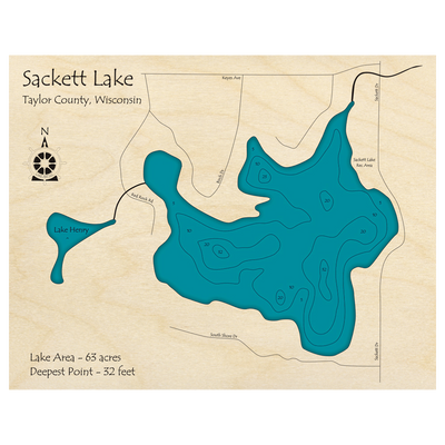 Bathymetric topo map of Sackett Lake, WI with roads, towns and depths noted in blue water.