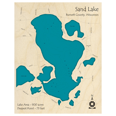 Bathymetric topo map of Sand Lake, WI with roads, towns and depths noted in blue water.